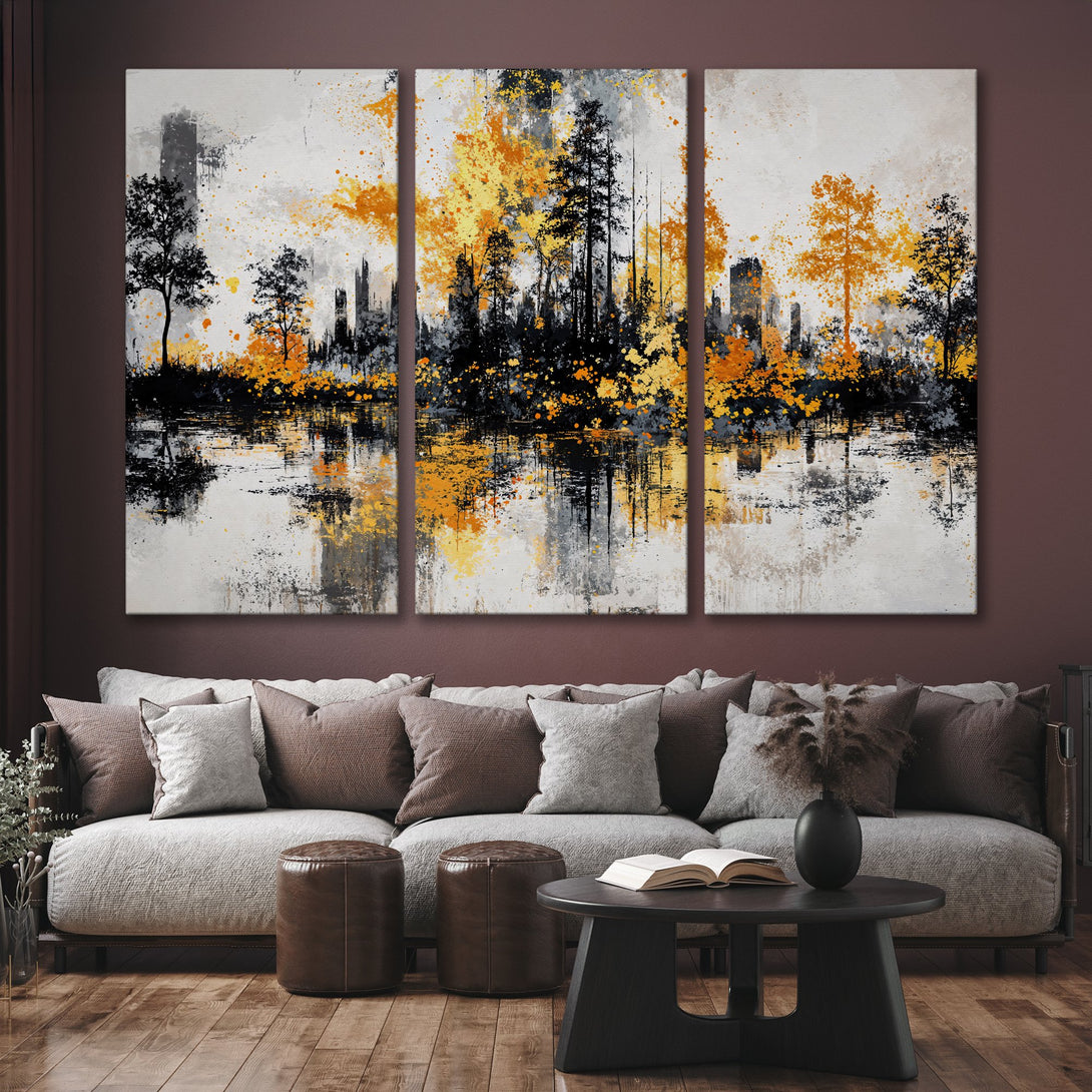 Abstract landscape Canvas Print in warm tones. Modern wall art with black, gray, and gold accents, perfect for living room decor.