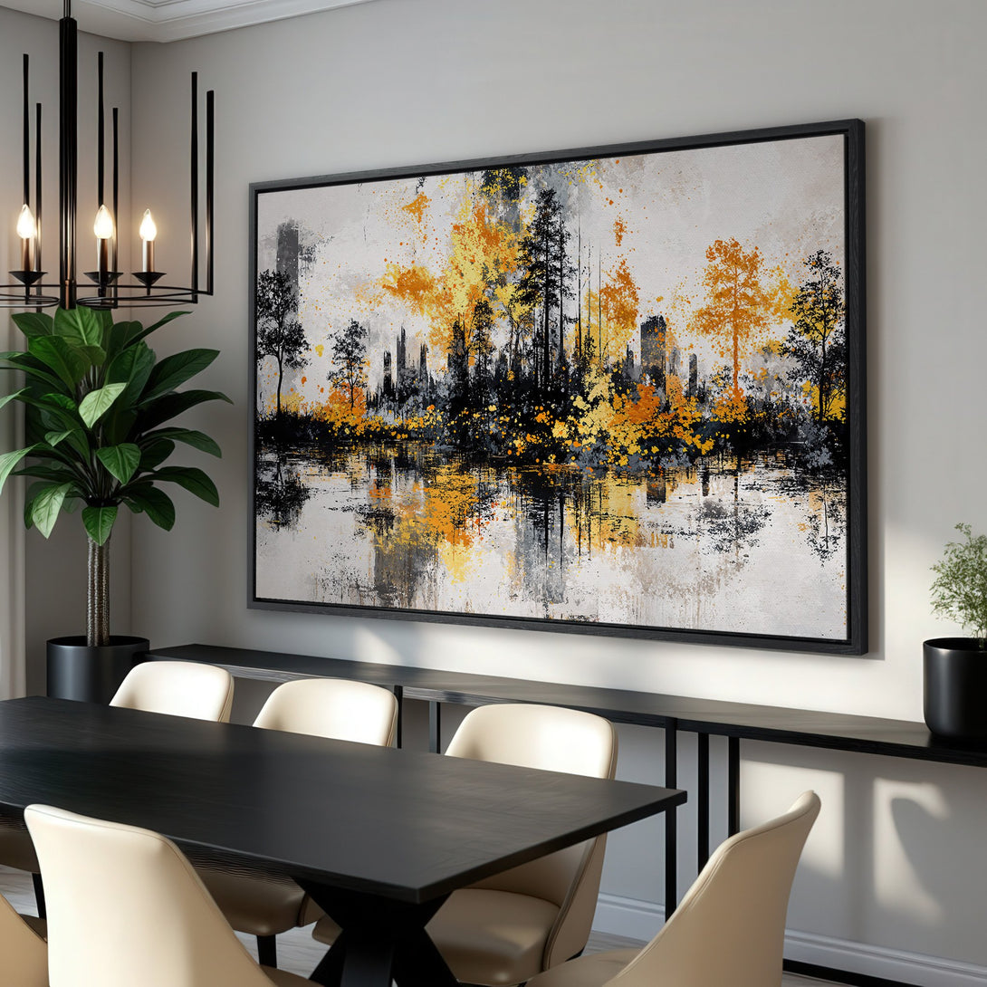Framed Wall Art: Abstract landscape canvas print with black, yellow, and gray tones. Modern art for dining room decor.