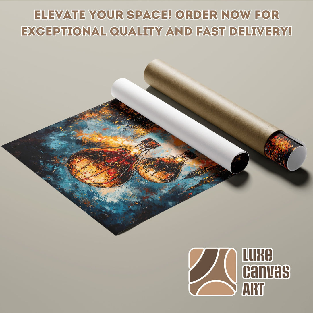 Abstract art poster roll with blue, orange, and brown color palette. Elevate your space with this stunning poster! Order now!