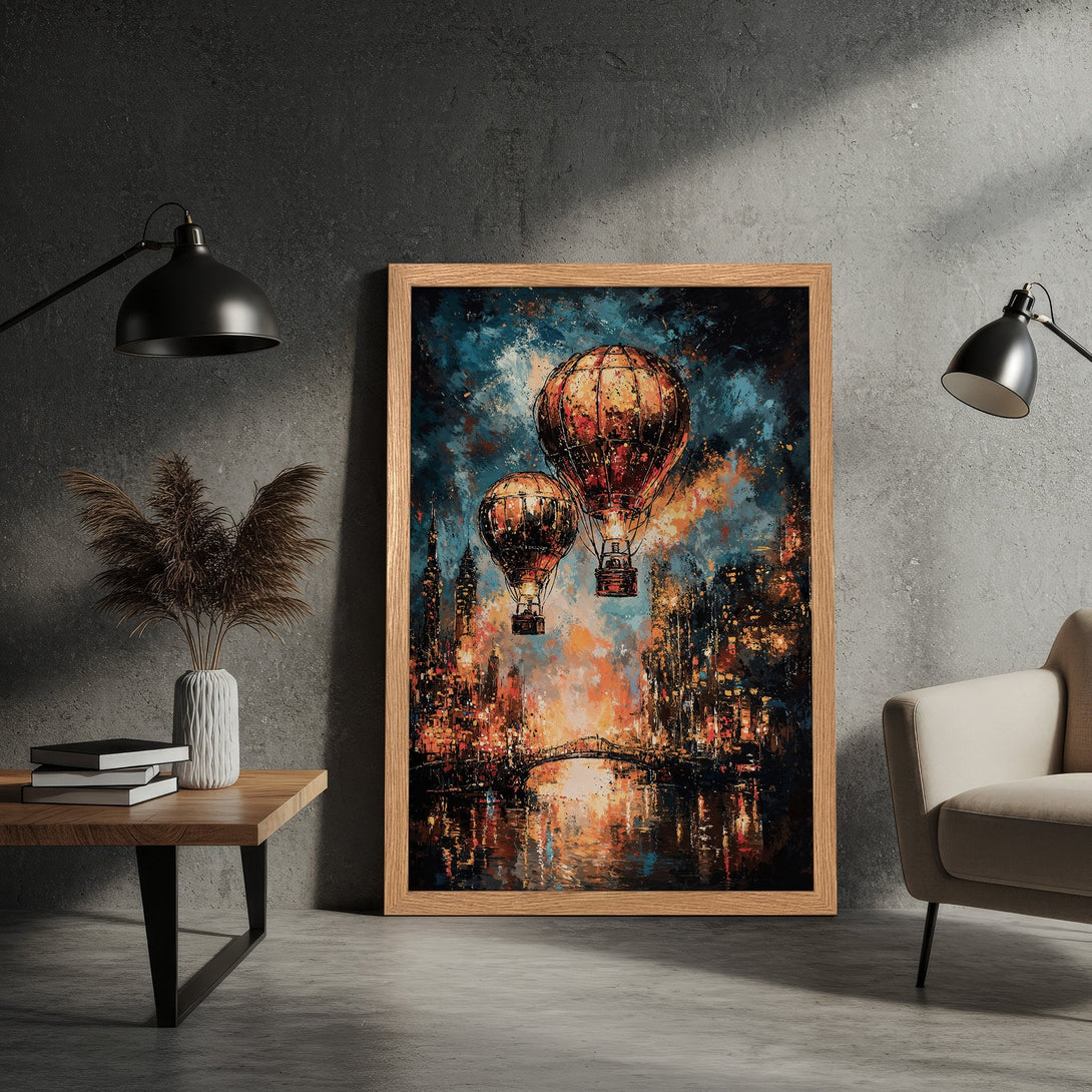 Framed Poster: Abstract cityscape with hot air balloons, rich blue & orange color palette, perfect wall art.