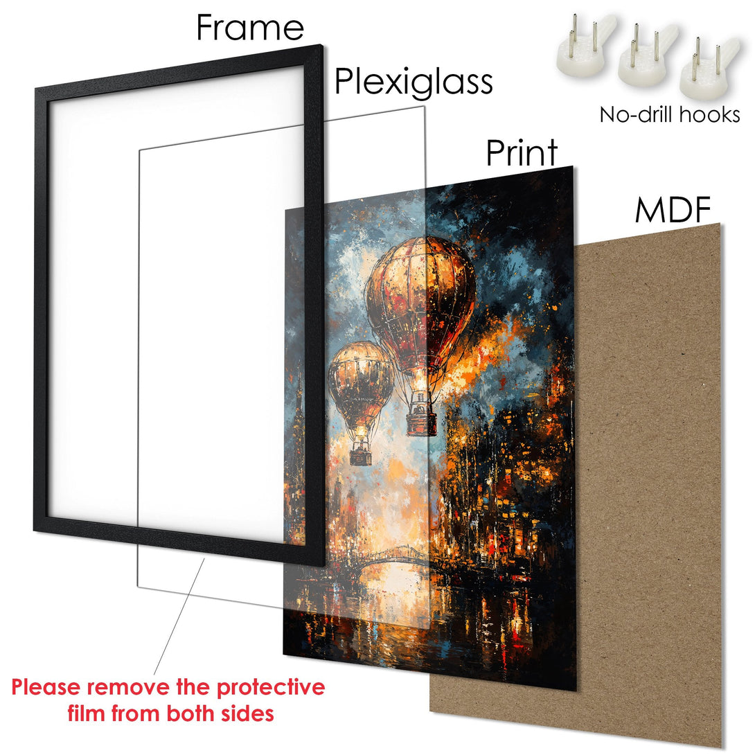 Framed Poster: Hot air balloons over a city, impressionistic style with warm orange, blue, and black tones. Ready to hang!