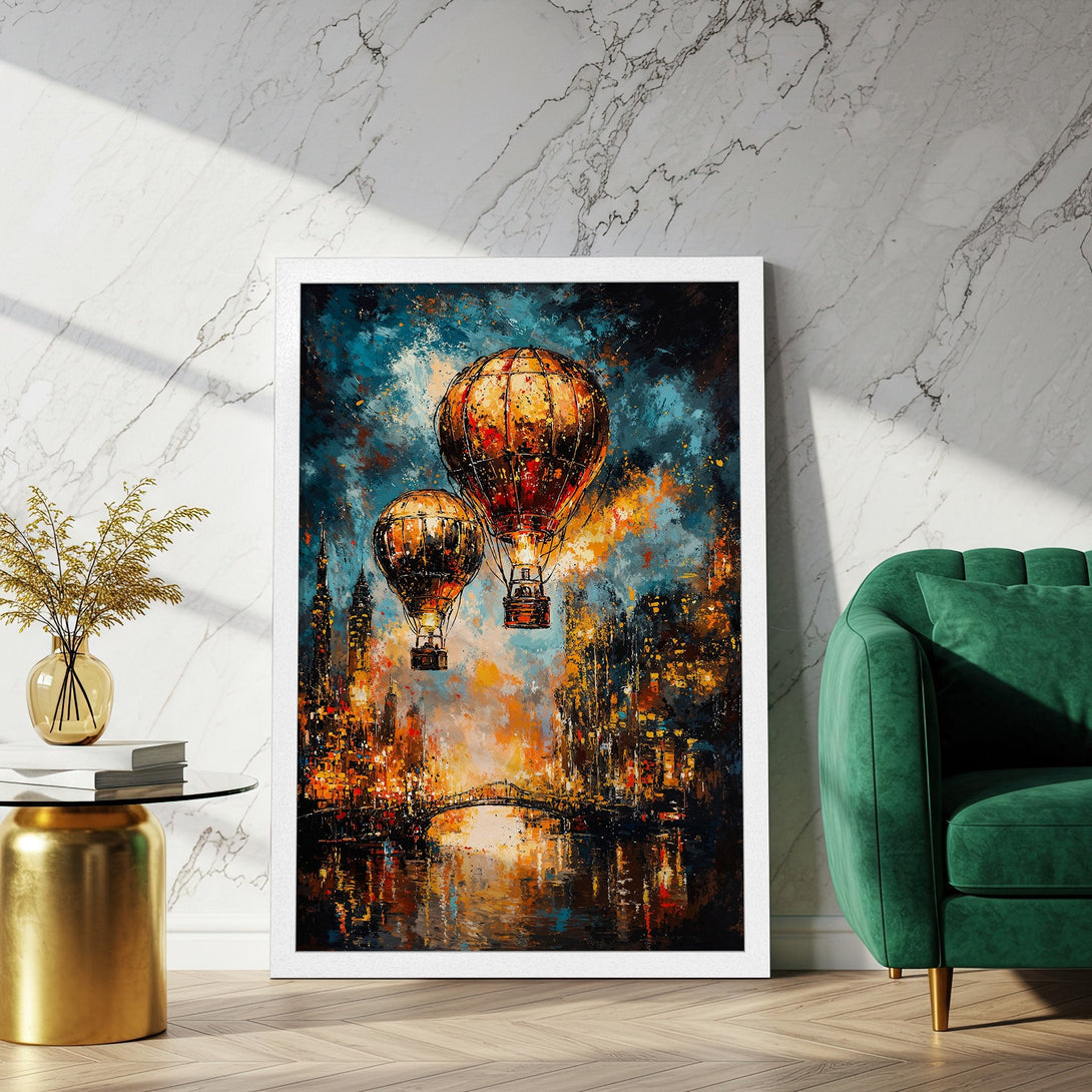 Framed Poster featuring hot air balloons over a city, with an impressionistic style and a warm color palette.