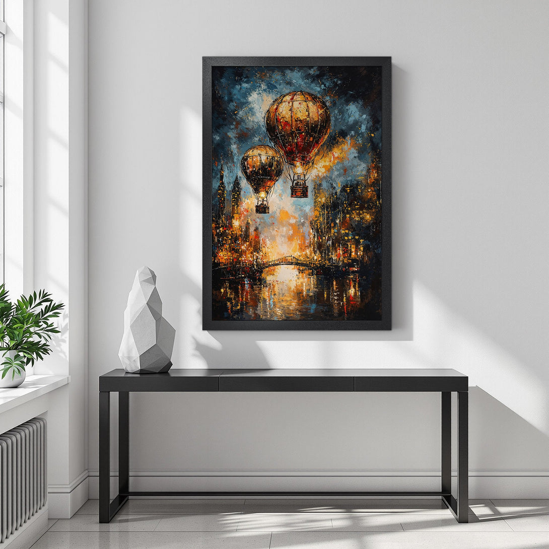 Framed Poster featuring hot air balloons over a cityscape, in a vibrant, impressionistic style with a warm, blue and orange color palette.