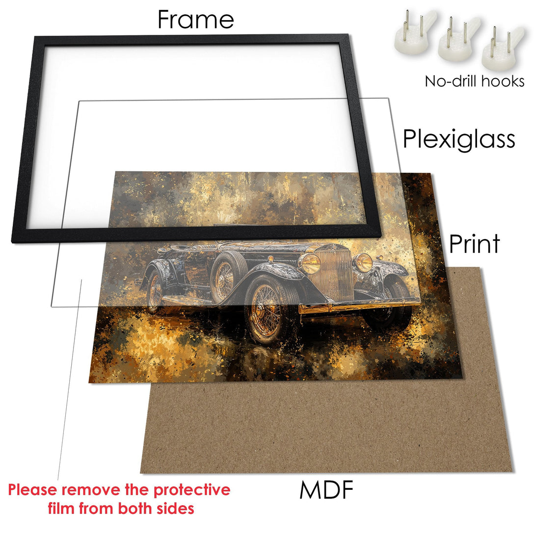 Framed Poster featuring a vintage car in a watercolor style, with a warm gold and black color palette. Perfect wall art!