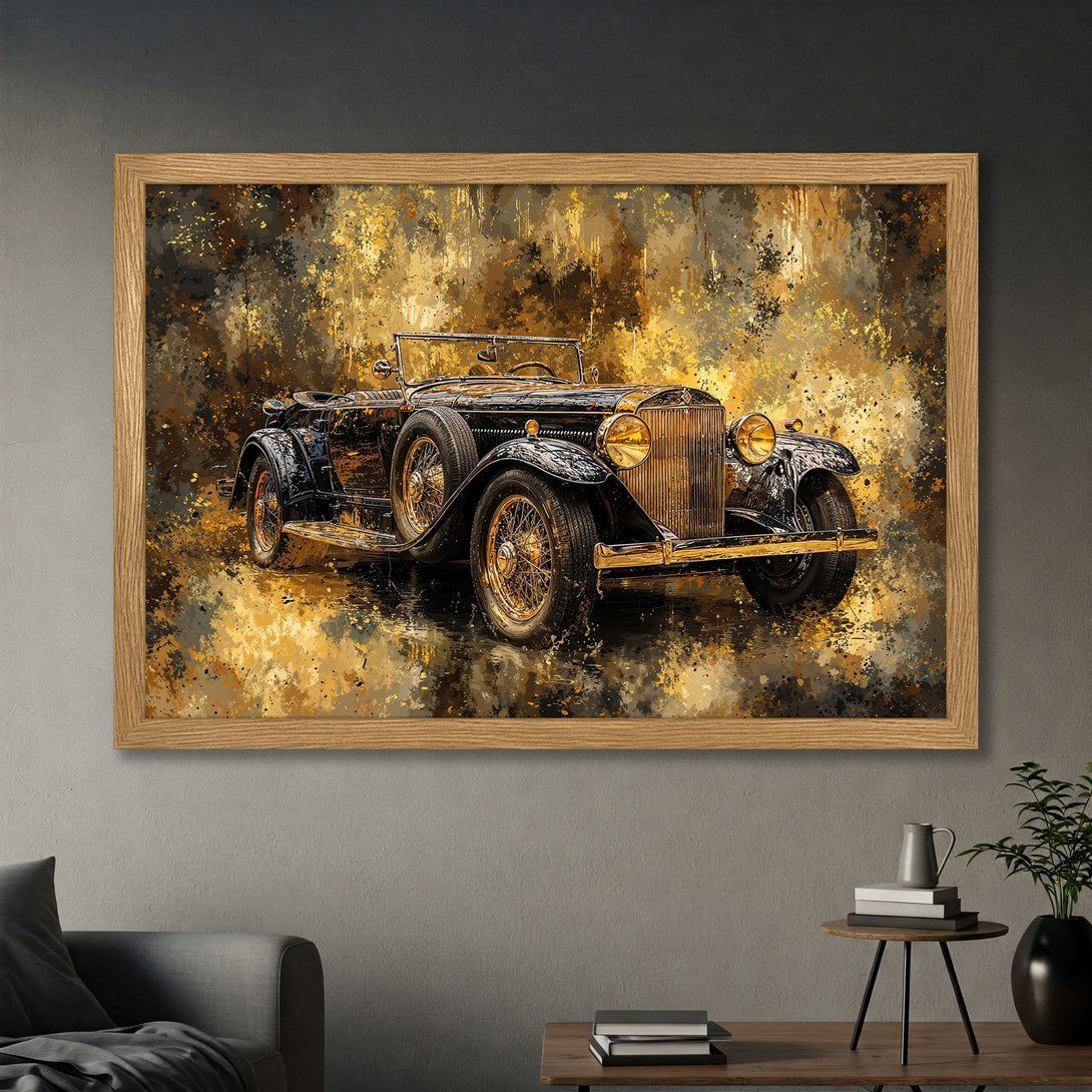 Framed Poster featuring a vintage car in an abstract style with a gold, black, and brown color palette. Perfect wall art!