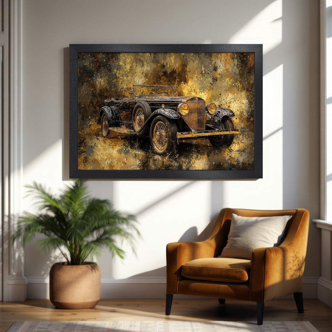 Framed Poster of a vintage car in an abstract style, featuring a gold and brown color palette. Perfect wall art for any space.