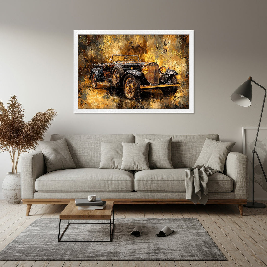 Framed Poster featuring a vintage car in an abstract style with a gold and brown color palette. Perfect wall art!