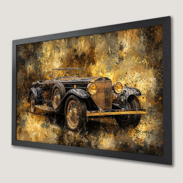 Framed Poster of a classic car in an abstract style with a gold and black color palette. Perfect wall art.