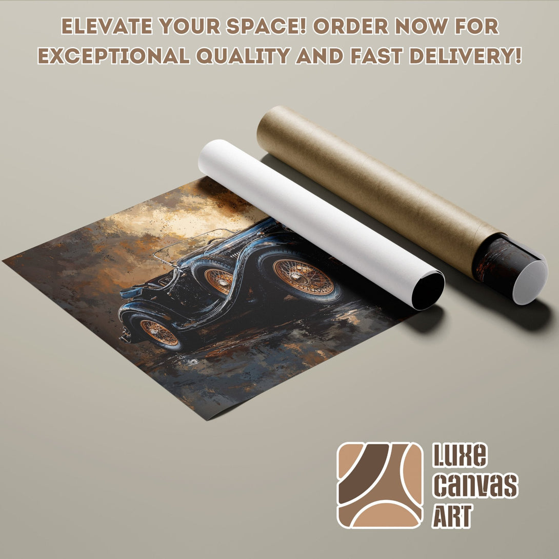 Vintage car art poster roll in brown and blue tones. Elevate your space!