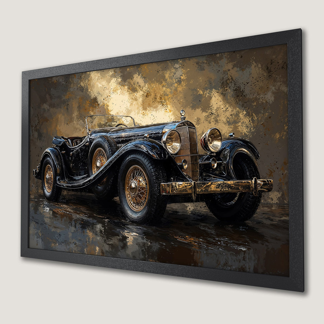 Framed Poster of a vintage black car, artistic style with gold and brown tones. Perfect wall art!