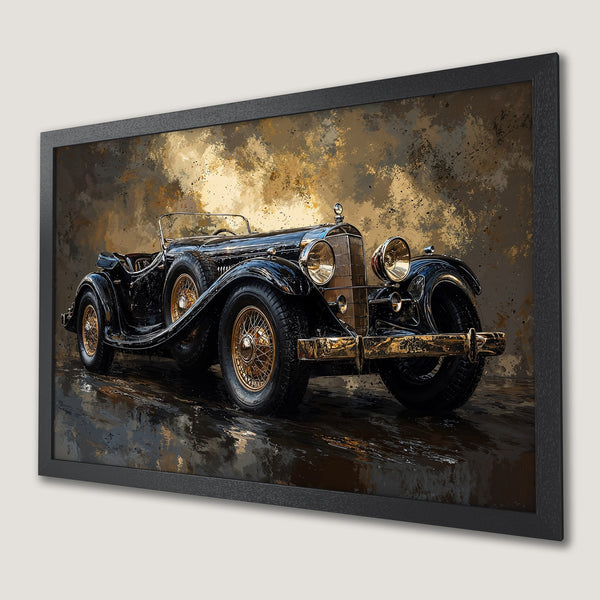 Framed Poster of a vintage black car, artistic style with gold and brown tones. Perfect wall art!