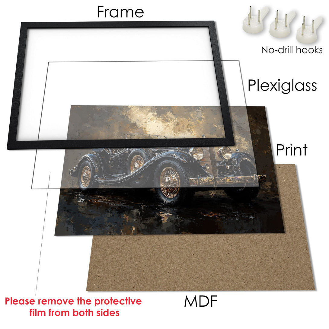Framed Poster featuring a classic car in a vintage style with a dark, moody color palette. Perfect wall art for your home!
