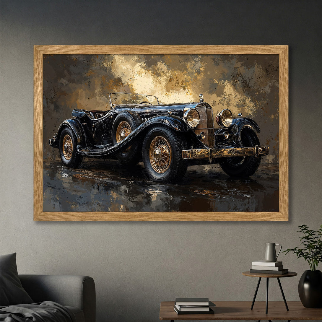 Framed Poster of a classic black car with gold accents, artistic style, and a warm, earthy color palette. Perfect wall art!