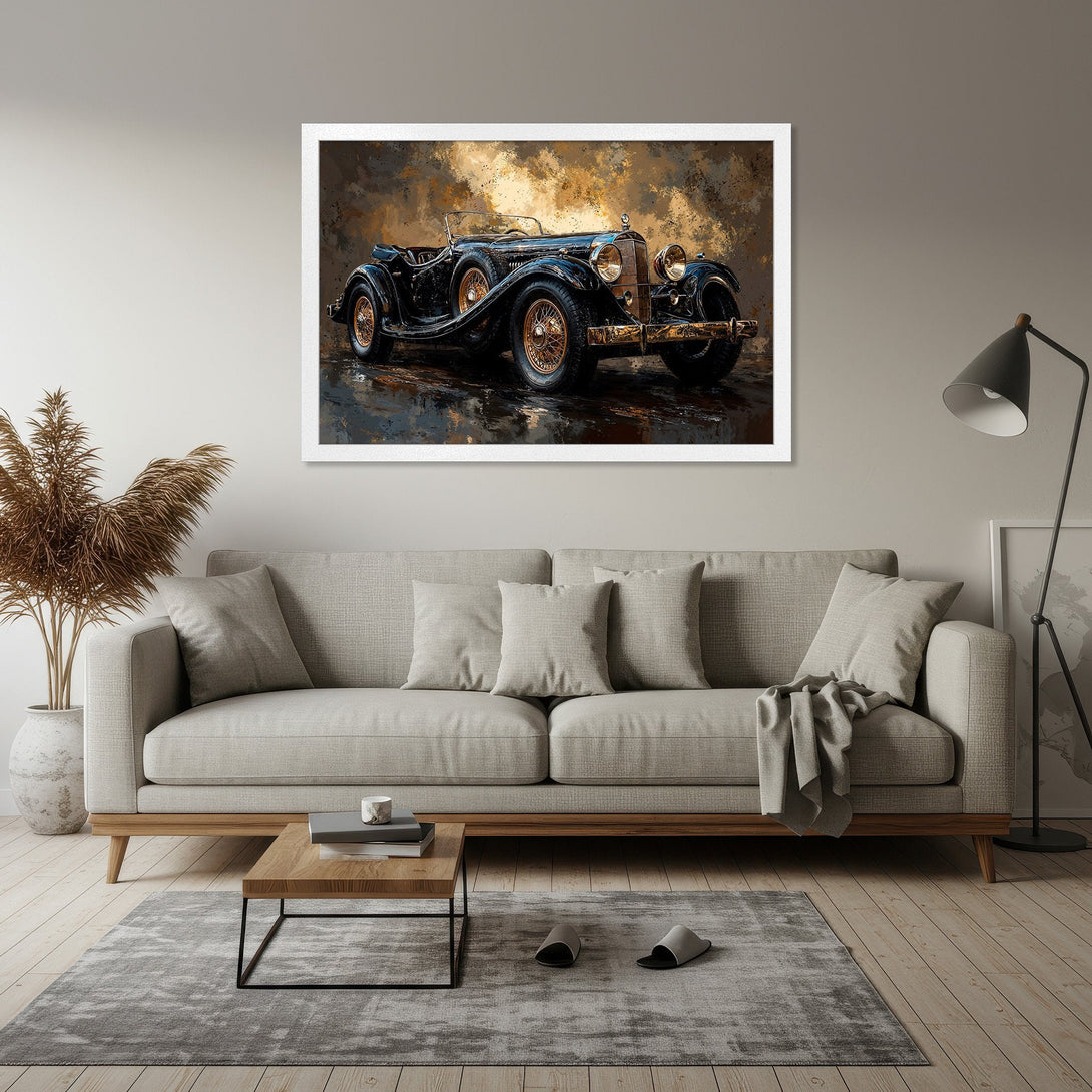 Framed Poster featuring a vintage car in a painterly style with a warm, earthy color palette. Perfect wall art for your home!