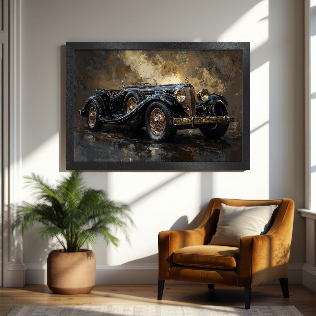 Framed Poster featuring a vintage black car in an artistic style with a warm, earthy color palette. Perfect wall art!