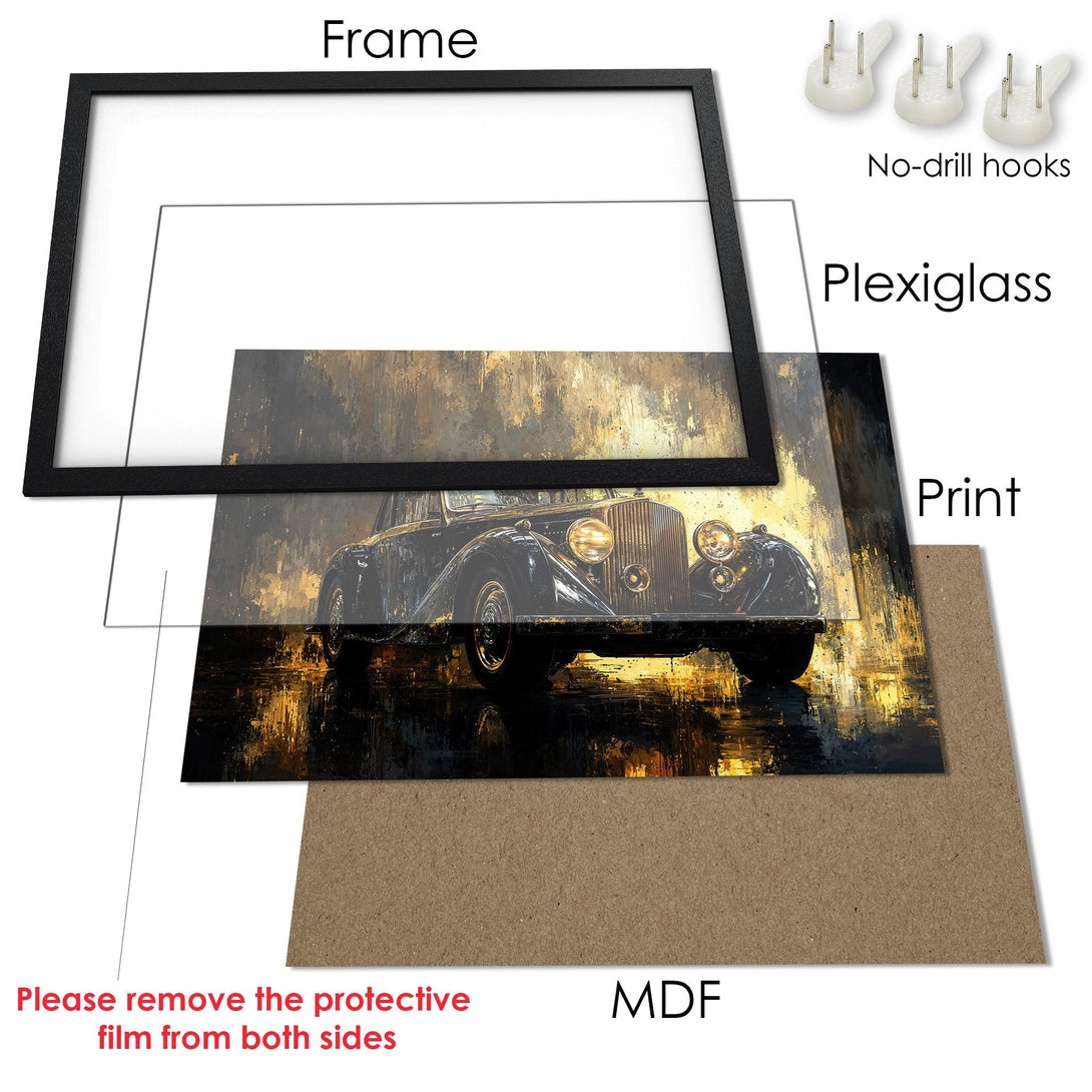 Framed Poster of a vintage car in an abstract style, with a gold and black color palette for a classic look.