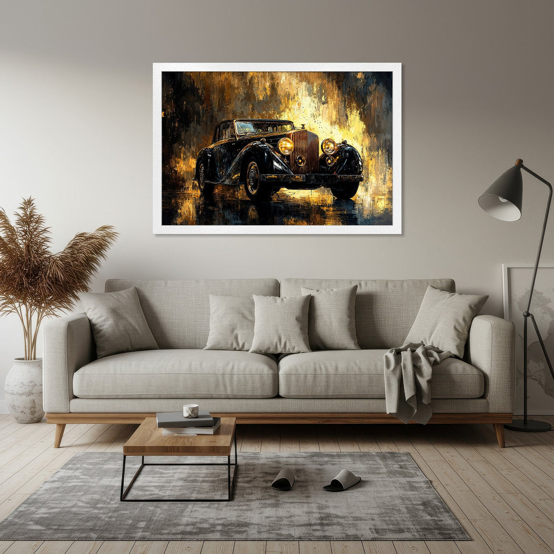 Framed Poster of a vintage car in a striking, abstract style with a warm, gold and black color palette. Add a touch of luxury!