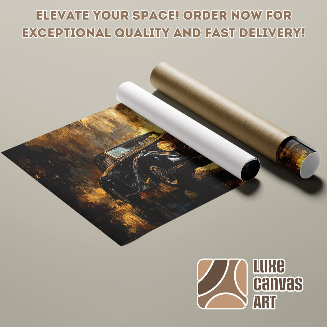 Poster Roll featuring an abstract car painting, warm gold and brown palette. Elevate your space!