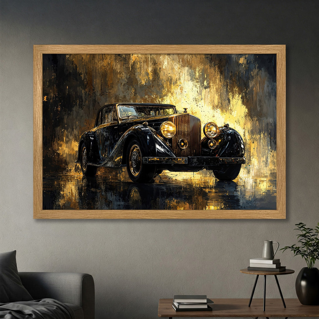 Framed Poster featuring a classic car in a gold and black abstract style, perfect for home decor.