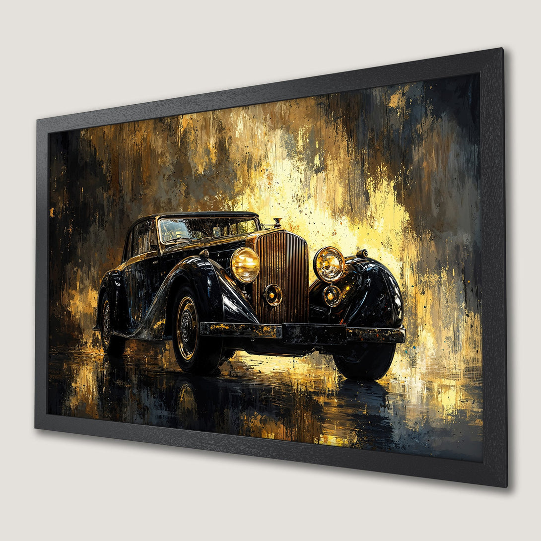 Framed Poster featuring a classic car in a painterly style with a gold and black color palette.