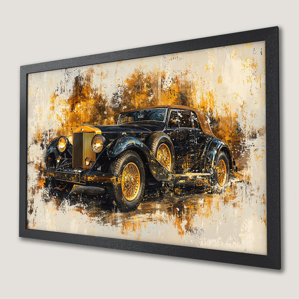 Framed Poster of a vintage car in abstract style, featuring black, gold, and cream colors. Perfect wall art!