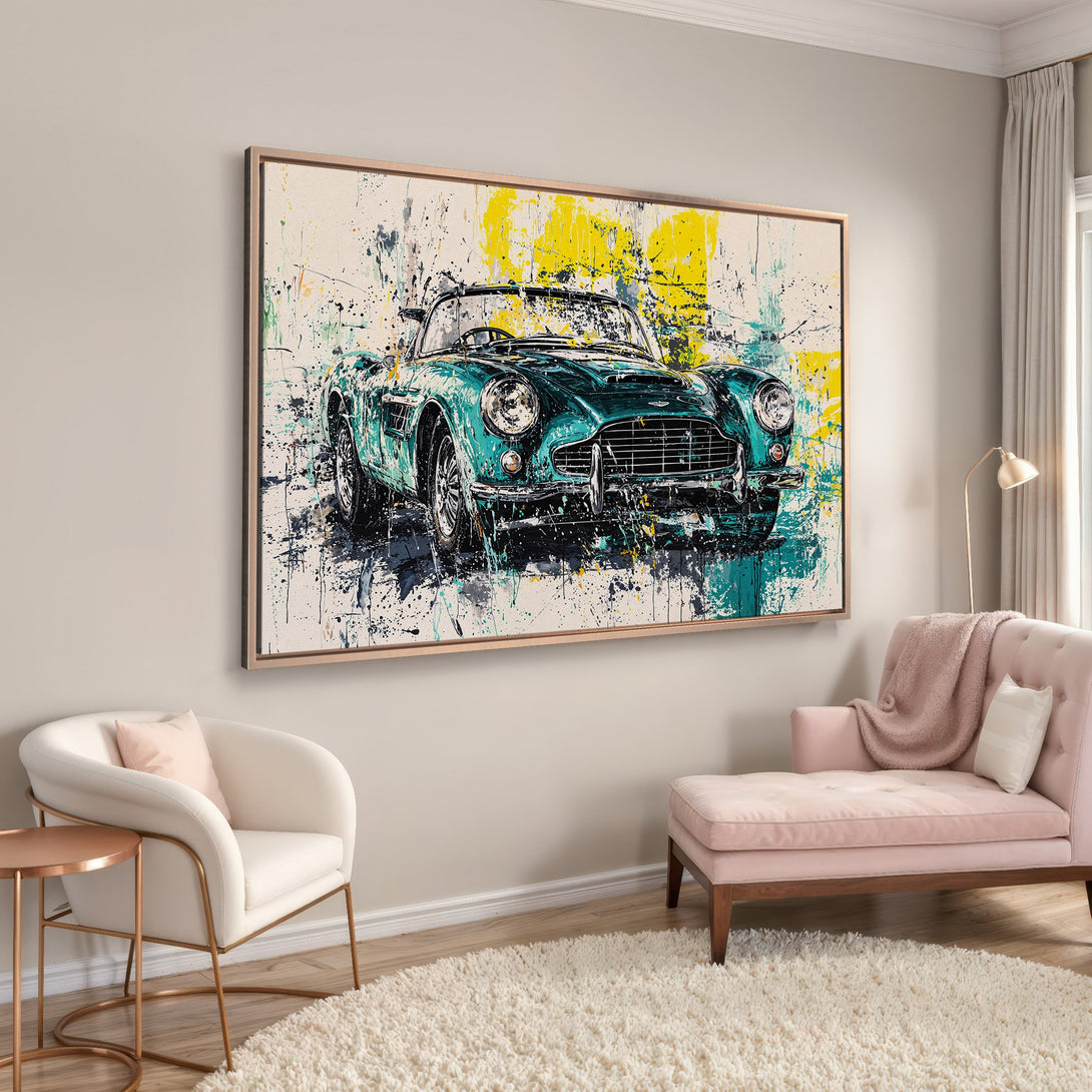 Framed Wall Art: Abstract teal car painting with yellow accents. Modern art print adds a pop of color to any room. Perfect for car enthusiasts!