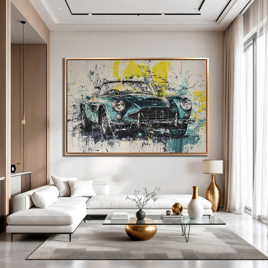 Framed Wall Art: Abstract classic car painting in teal, yellow, and black. Modern art canvas print adds a stylish touch to any interior.