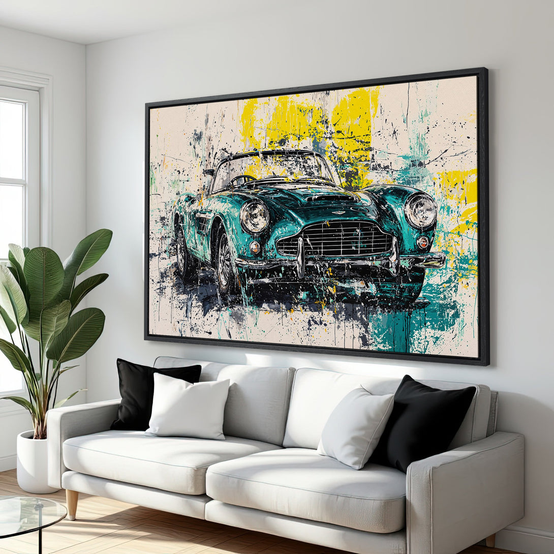 Framed Wall Art featuring a vintage teal car in an abstract splatter style. Adds a pop of color with yellow and teal hues. Perfect for modern decor.