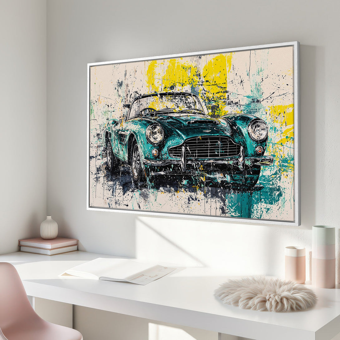 Framed Wall Art of a classic teal car in an abstract style with yellow and teal accents. Perfect for adding a pop of color to any space!