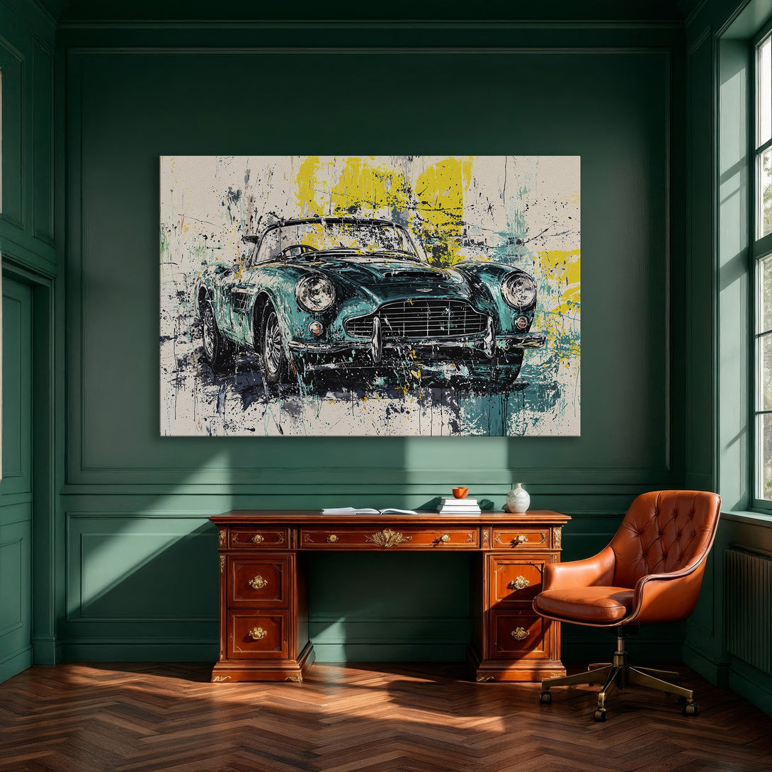Framed Wall Art: Abstract car painting in teal, yellow, and black. Modern art canvas print for a stylish interior decor.