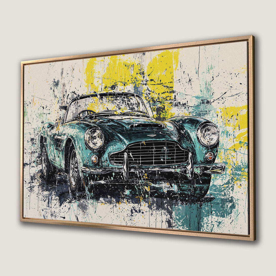 Framed Wall Art of a classic car in abstract style. Featuring teal, yellow & black paint splatter on canvas. Perfect for your home decor.