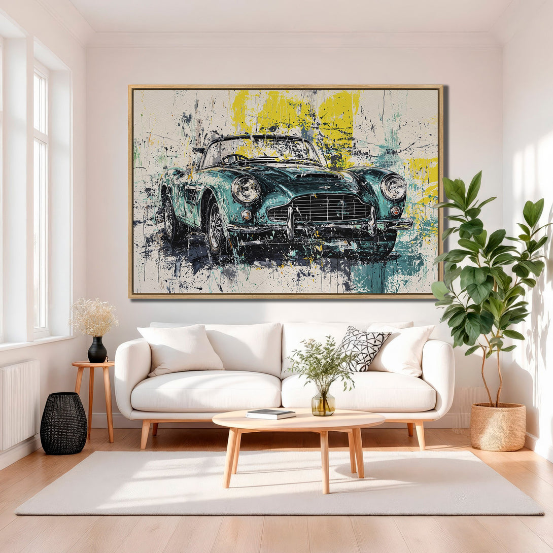 Framed Wall Art: Abstract teal classic car painting, perfect for modern living rooms. Features a splash art style with yellow and black accents.