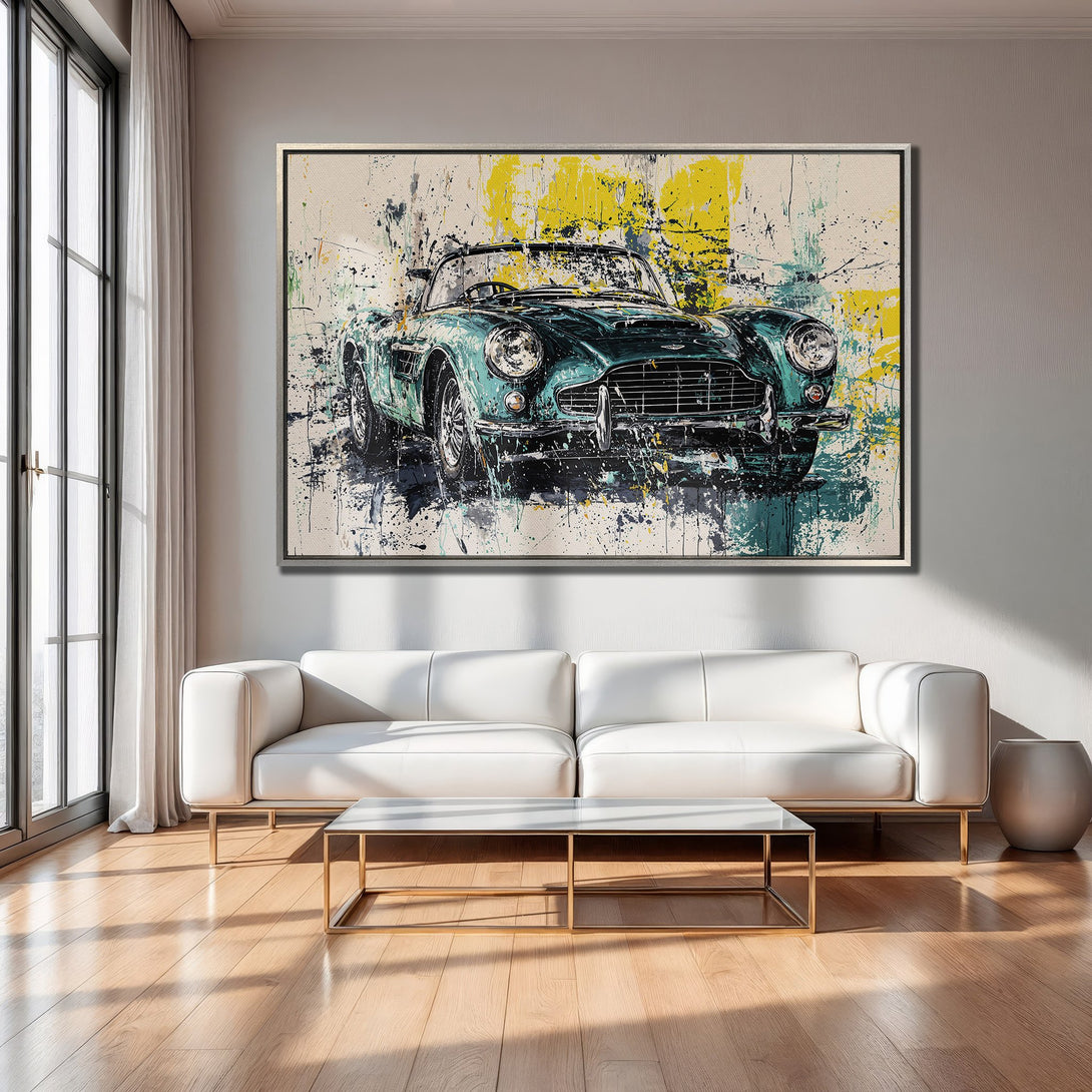 Framed Wall Art of a classic green car in abstract style, featuring yellow and blue accents. Modern home decor canvas print.