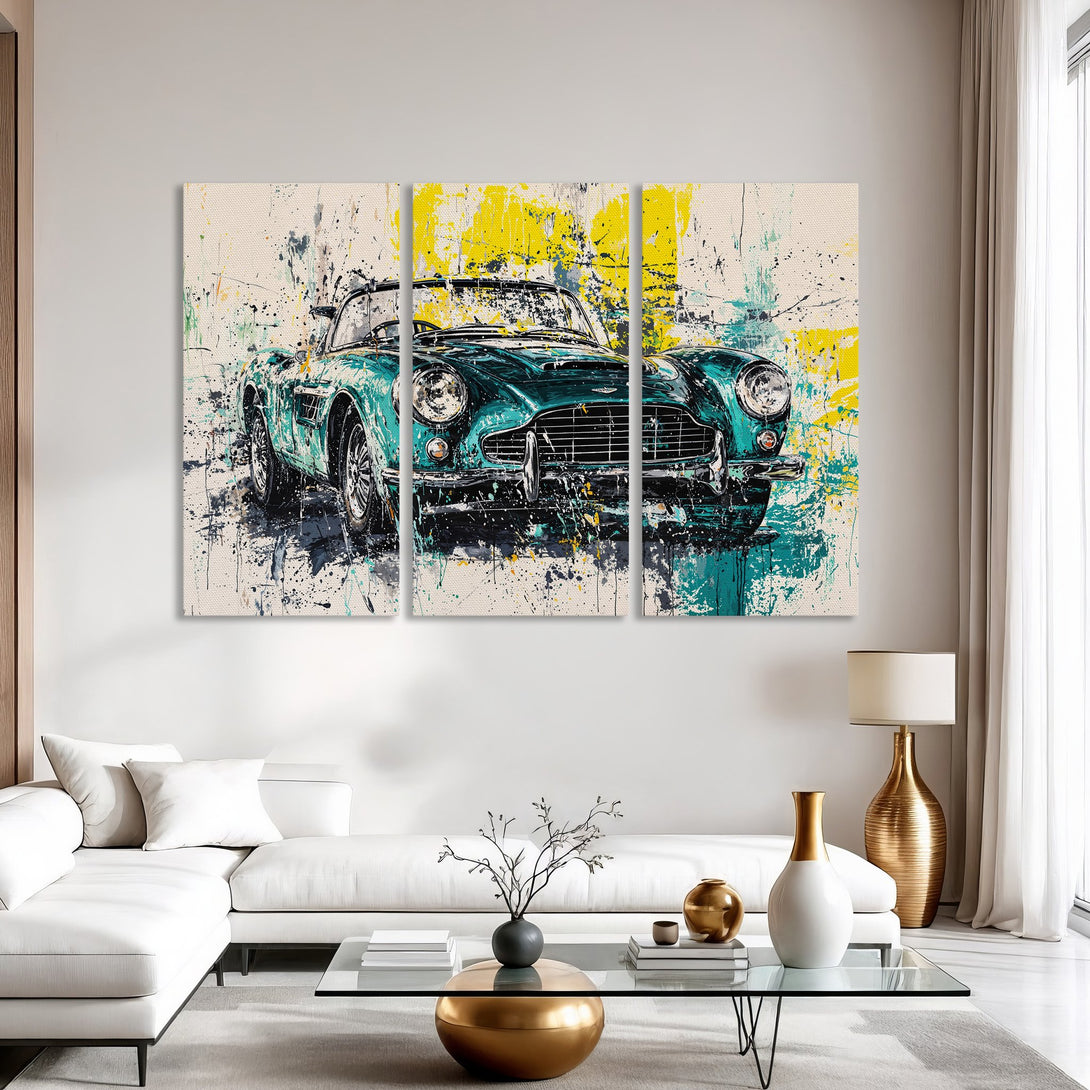 Canvas Print: Abstract teal classic car art with yellow accents. Modern wall decor for home or office.