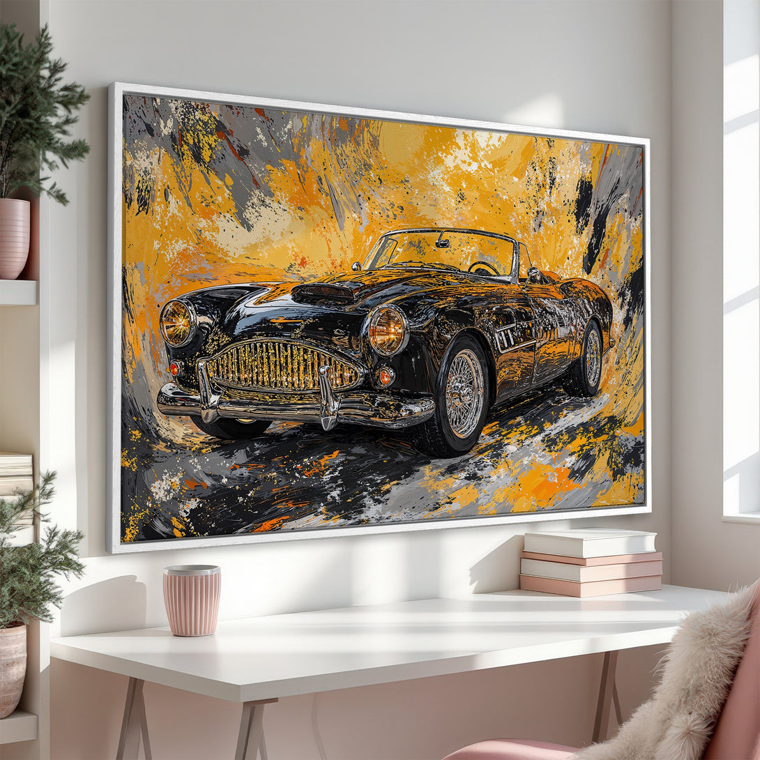 Framed Wall Art: Abstract painting of a classic black car with a vibrant yellow, gray, and orange background. Perfect for modern decor.