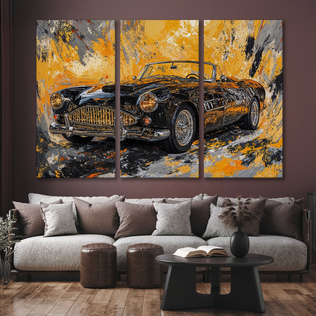 Canvas Print of a classic black car in an abstract style with a vibrant yellow, gray, and black color palette. Perfect wall art!