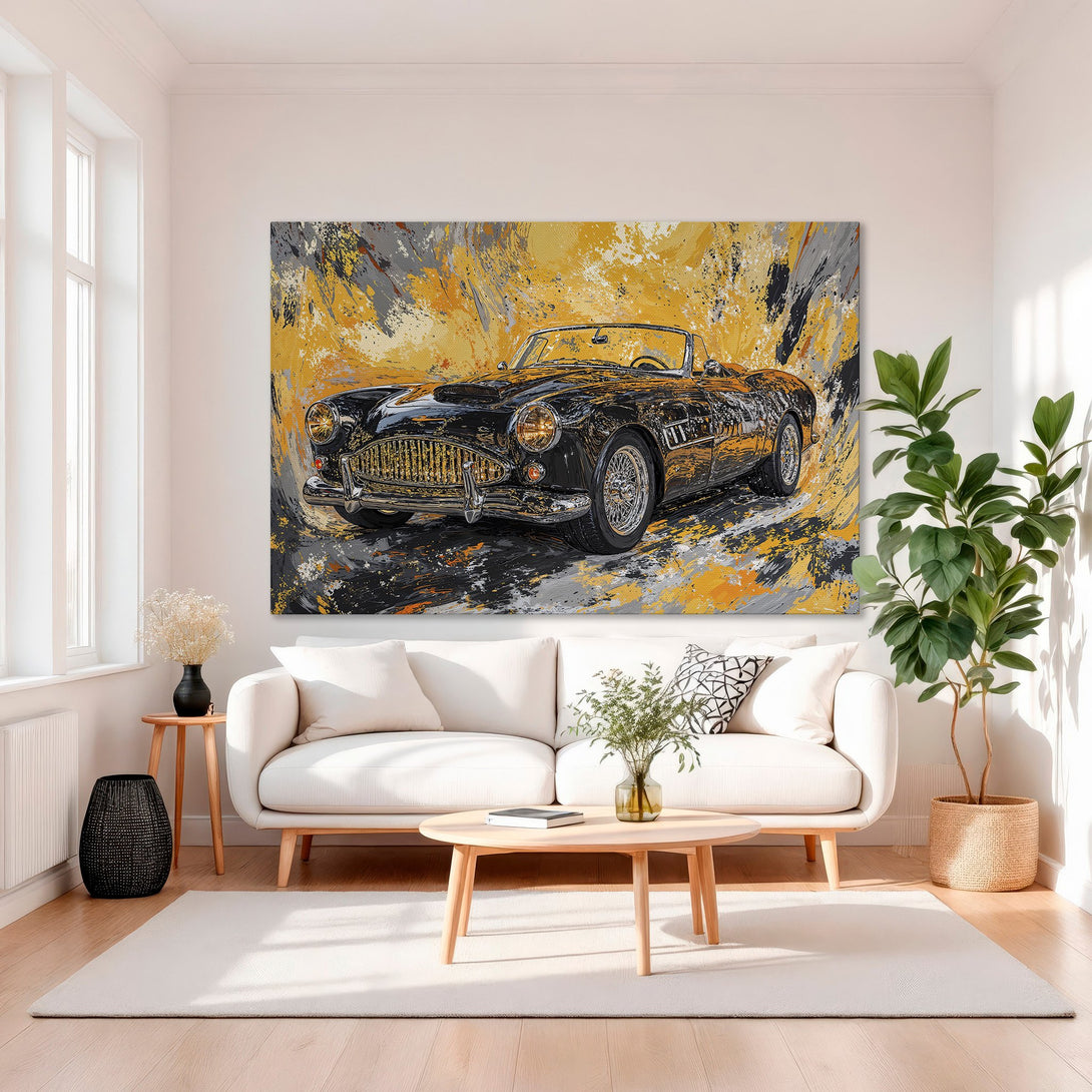Framed Wall Art: Abstract painting of a classic black car with yellow & gray accents. Modern art for your home.