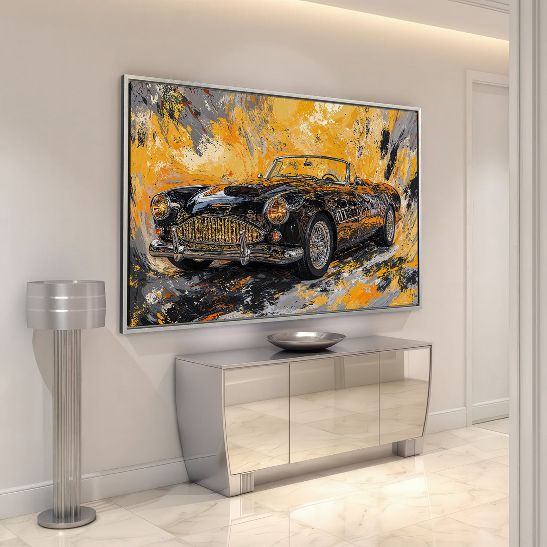 Framed Wall Art: Abstract painting of a classic black car with a vibrant yellow, gray, and black color palette. Perfect for modern home decor.