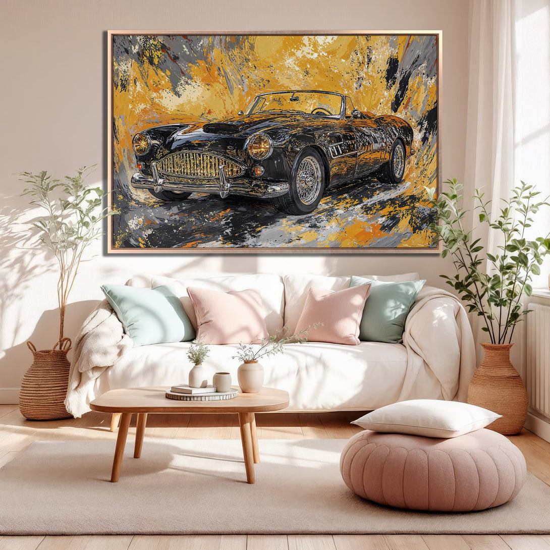 Framed Wall Art: Abstract painting of a classic black car with yellow and grey accents. Modern art canvas print adds a stylish touch to any home.