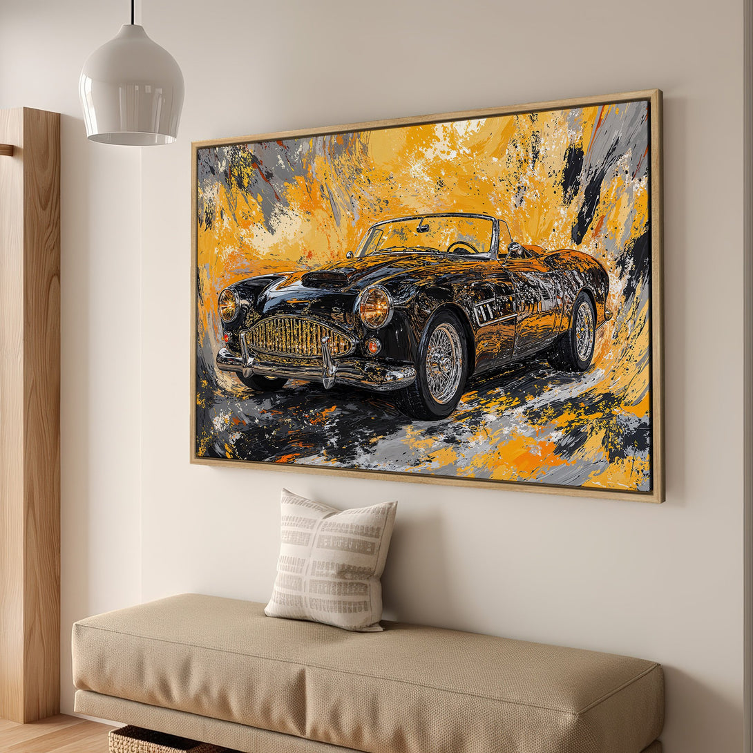 Framed Wall Art of a classic black car in abstract style with yellow, gray, and black color palette. Perfect for modern home decor.