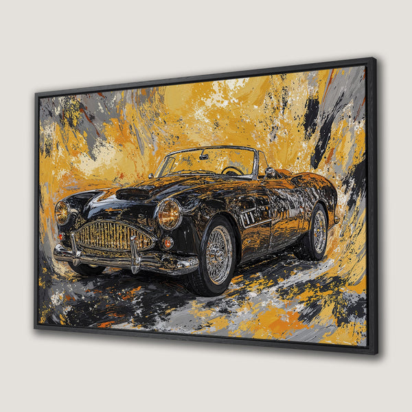 Framed Wall Art: Classic car Canvas Print in black, gold, and gray abstract style. Perfect for adding a touch of vintage elegance to any space.