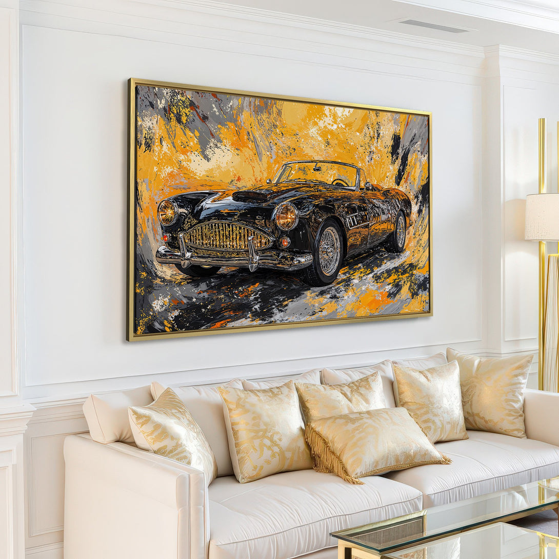 Canvas Print of a classic black car in an abstract style, featuring a yellow, grey, and black color palette. Perfect wall art!