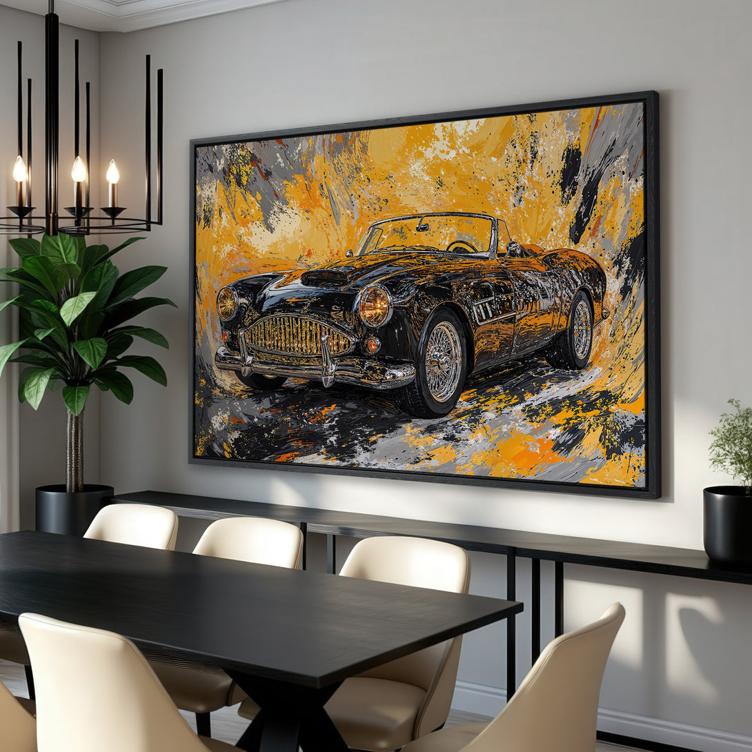 Framed Wall Art featuring a classic black car in an abstract style with a vibrant yellow, black, and gray color palette, perfect for modern decor.