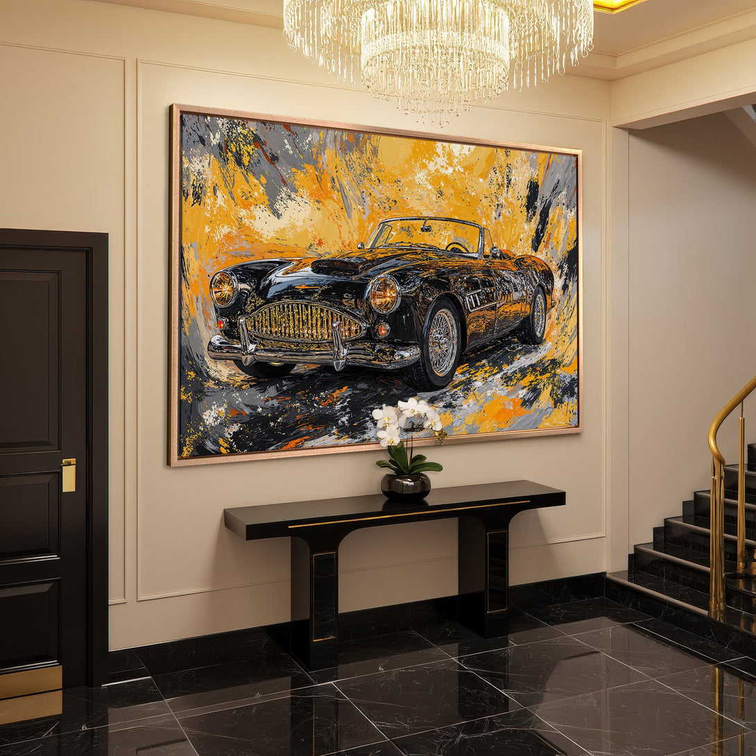 Framed Wall Art: Abstract car art in yellow, gray, and black. Stylish canvas print adds a touch of luxury to any space. Elevate your decor today!