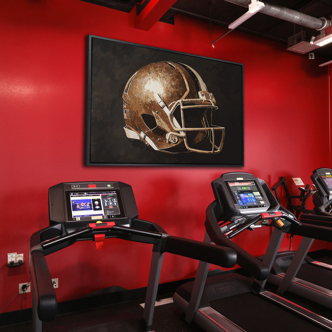 Framed Wall Art featuring a vintage football helmet in a gym setting. Bronze and black color palette with a bold, modern style. Elevate your space!