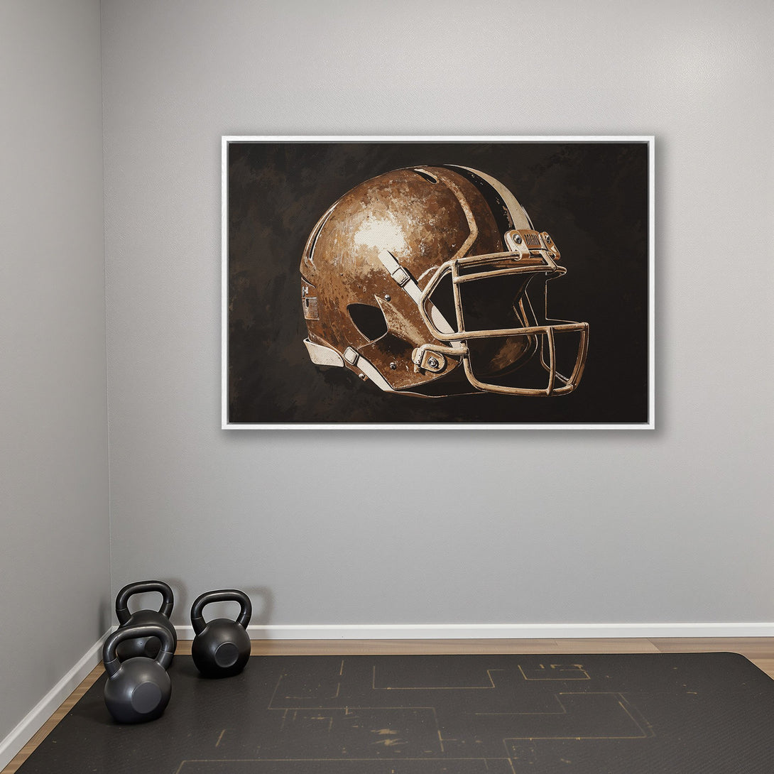 Framed Wall Art: Football helmet canvas print in sepia tones, a stylish accent for any space. Perfect for sports fans!