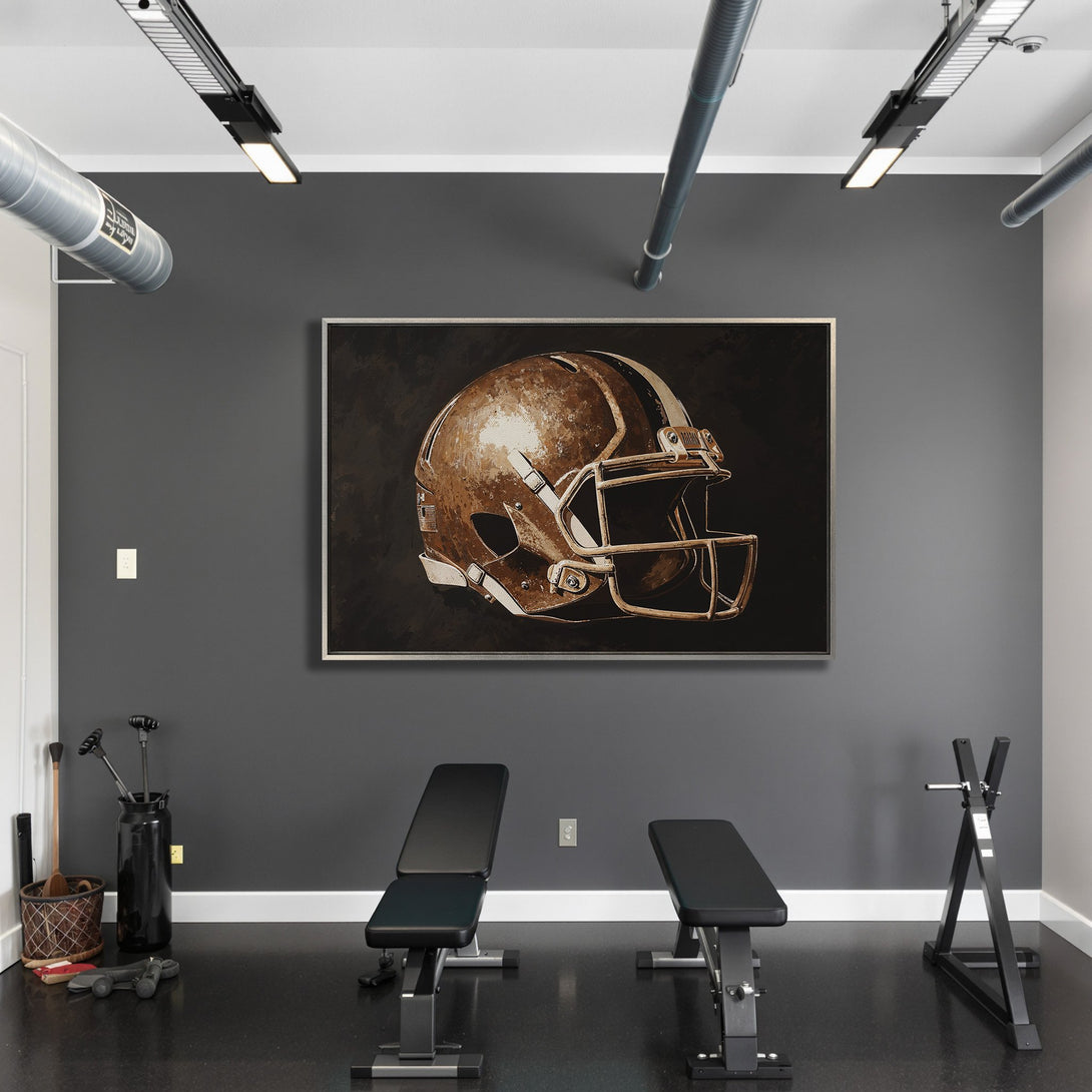 Framed Wall Art: Bronze football helmet canvas print in a modern gray interior. Rustic style with warm, earthy tones. Elevate your space!
