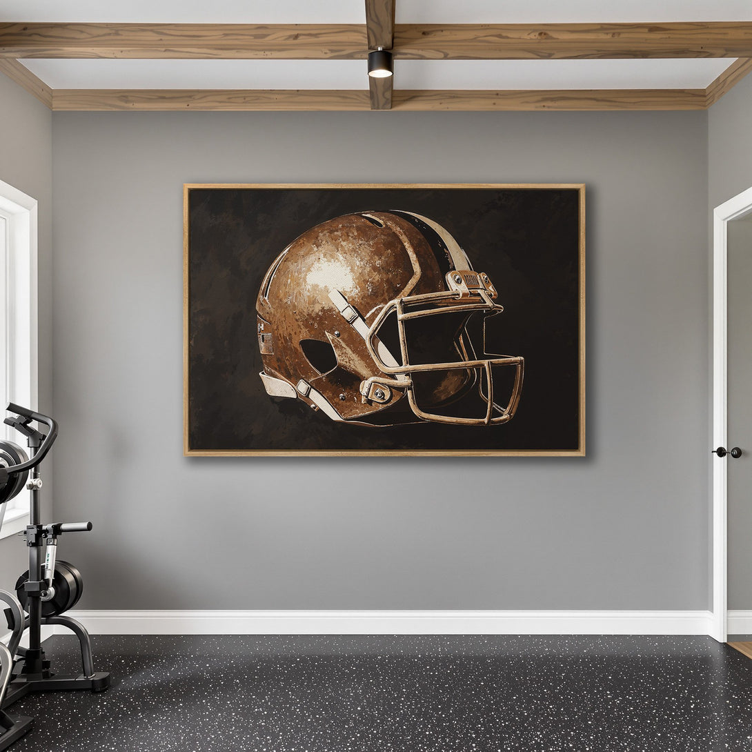 Framed Wall Art: Football helmet art in a modern interior. Bronze and black color palette. Perfect for sports fans!