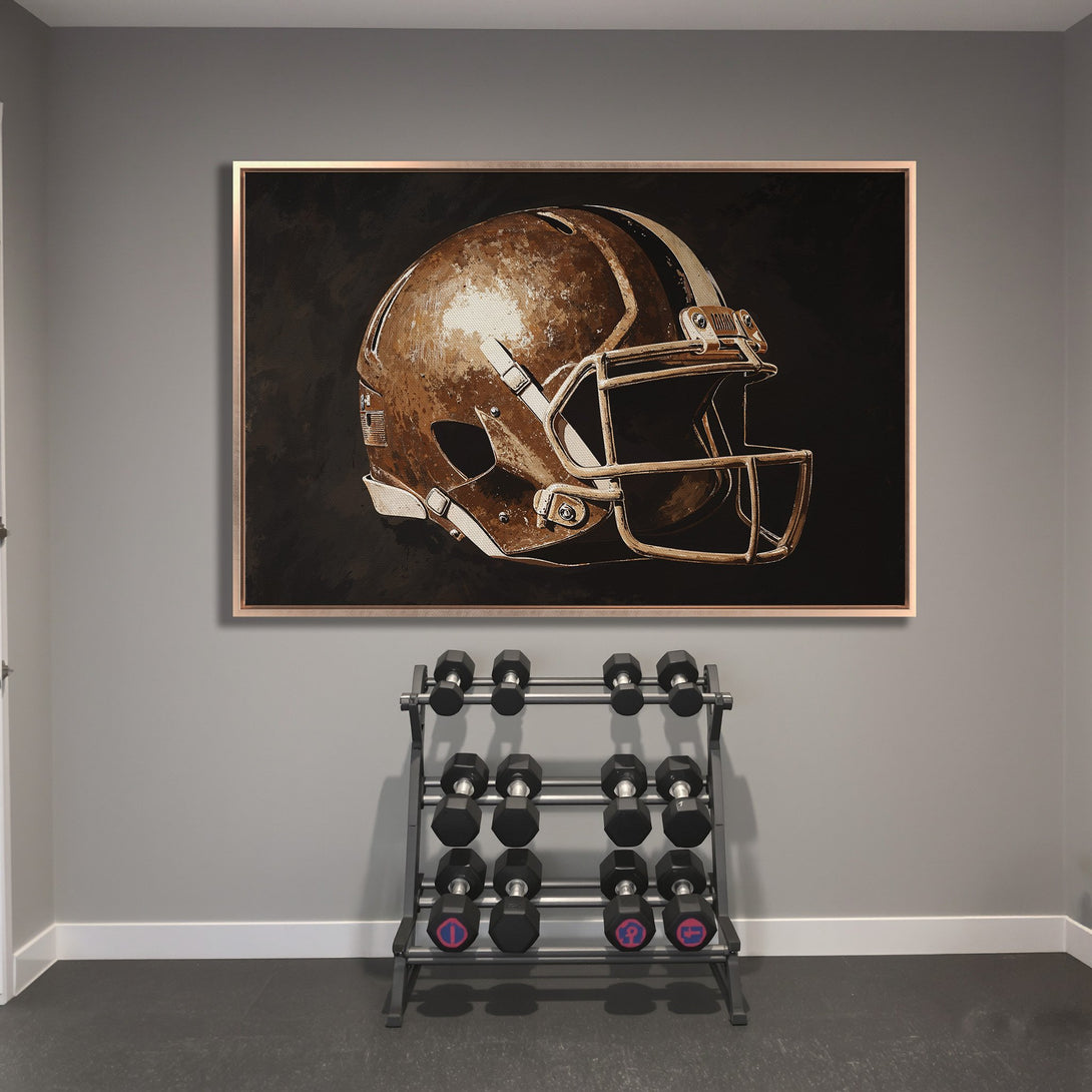 Framed Wall Art: Football helmet canvas print, bronze & brown tones. Perfect for sports fans, adds a touch of style to any room.