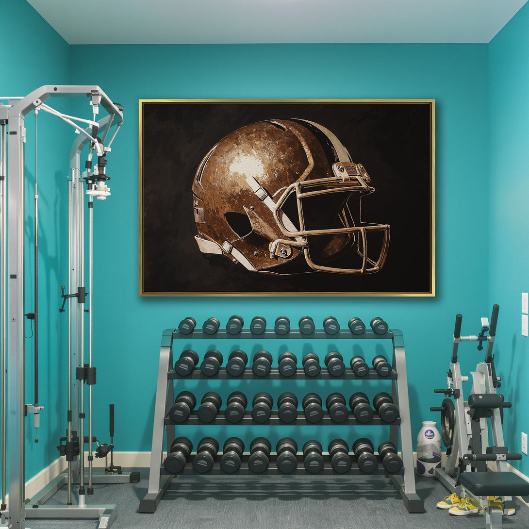 Canvas Print of a vintage football helmet in a warm brown and beige color palette. Perfect wall art for sports fans!